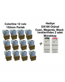 Colorline 152 mm Parlak Drylab 12 Rulo Kağıt + 2 adet DX100 Orjinal Mürekkep Hediye